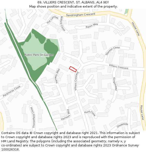69, VILLIERS CRESCENT, ST. ALBANS, AL4 9EY: Location map and indicative extent of plot
