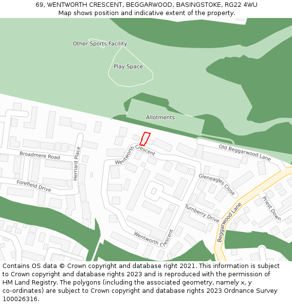 69, WENTWORTH CRESCENT, BEGGARWOOD, BASINGSTOKE, RG22 4WU: Location map and indicative extent of plot
