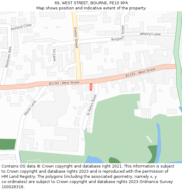 69, WEST STREET, BOURNE, PE10 9PA: Location map and indicative extent of plot