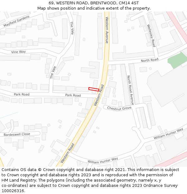 69, WESTERN ROAD, BRENTWOOD, CM14 4ST: Location map and indicative extent of plot