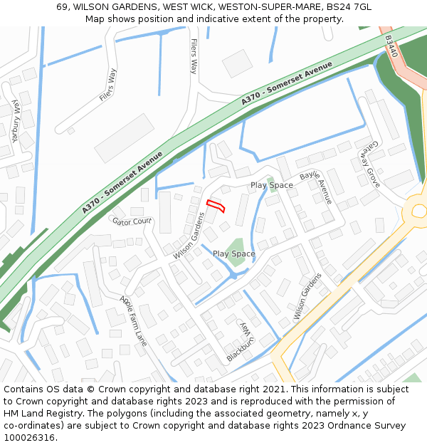 69, WILSON GARDENS, WEST WICK, WESTON-SUPER-MARE, BS24 7GL: Location map and indicative extent of plot