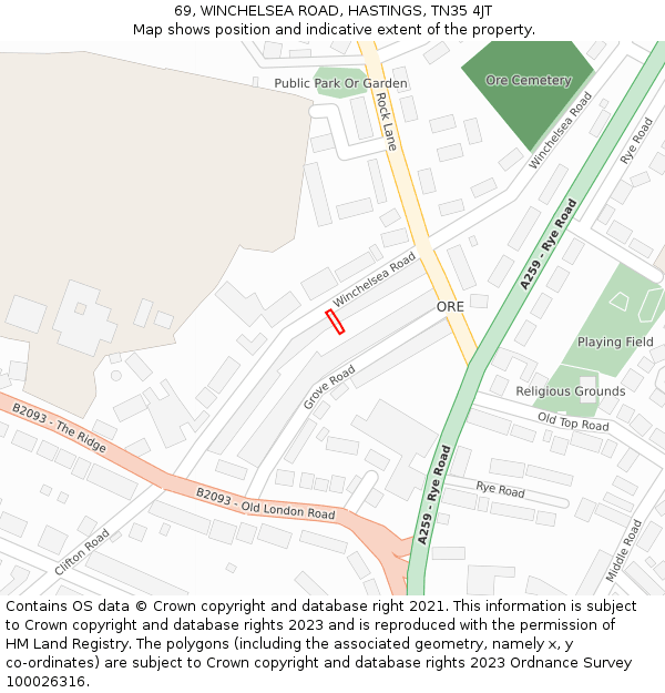 69, WINCHELSEA ROAD, HASTINGS, TN35 4JT: Location map and indicative extent of plot