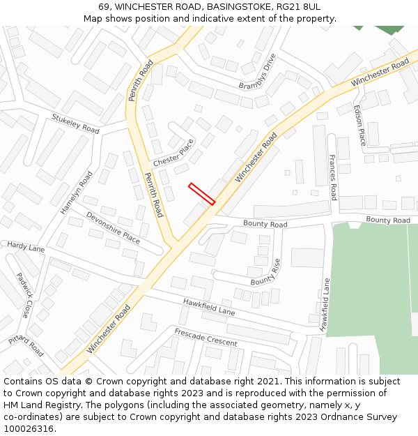69, WINCHESTER ROAD, BASINGSTOKE, RG21 8UL: Location map and indicative extent of plot