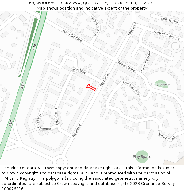 69, WOODVALE KINGSWAY, QUEDGELEY, GLOUCESTER, GL2 2BU: Location map and indicative extent of plot