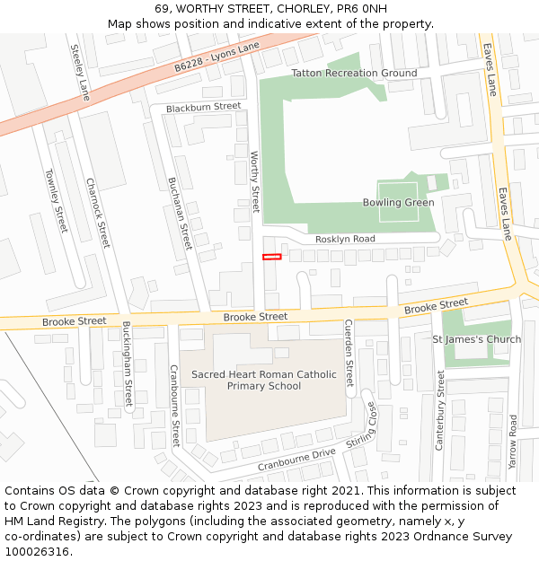 69, WORTHY STREET, CHORLEY, PR6 0NH: Location map and indicative extent of plot