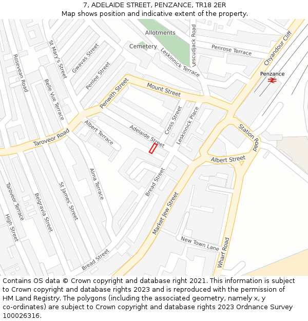 7, ADELAIDE STREET, PENZANCE, TR18 2ER: Location map and indicative extent of plot