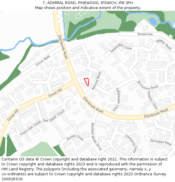7, ADMIRAL ROAD, PINEWOOD, IPSWICH, IP8 3PH: Location map and indicative extent of plot