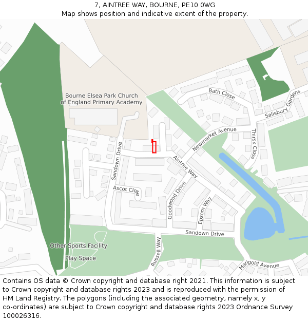 7, AINTREE WAY, BOURNE, PE10 0WG: Location map and indicative extent of plot