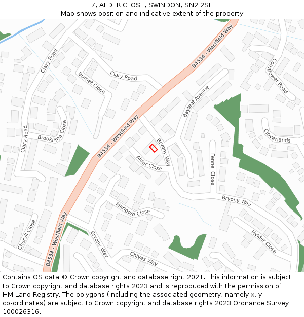 7, ALDER CLOSE, SWINDON, SN2 2SH: Location map and indicative extent of plot