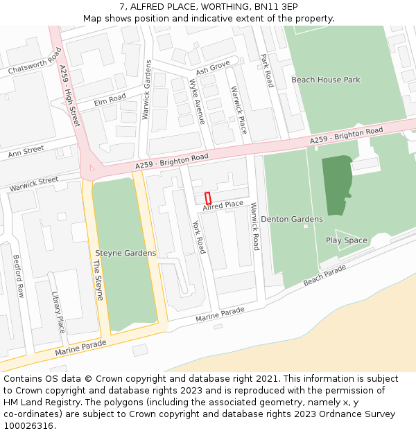 7, ALFRED PLACE, WORTHING, BN11 3EP: Location map and indicative extent of plot