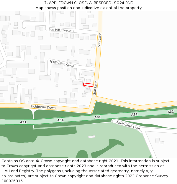 7, APPLEDOWN CLOSE, ALRESFORD, SO24 9ND: Location map and indicative extent of plot