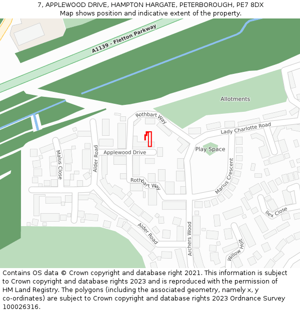 7, APPLEWOOD DRIVE, HAMPTON HARGATE, PETERBOROUGH, PE7 8DX: Location map and indicative extent of plot