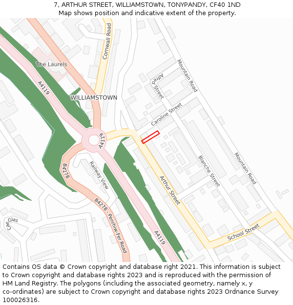 7, ARTHUR STREET, WILLIAMSTOWN, TONYPANDY, CF40 1ND: Location map and indicative extent of plot