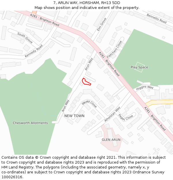 7, ARUN WAY, HORSHAM, RH13 5DD: Location map and indicative extent of plot