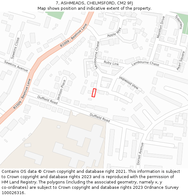 7, ASHMEADS, CHELMSFORD, CM2 9FJ: Location map and indicative extent of plot