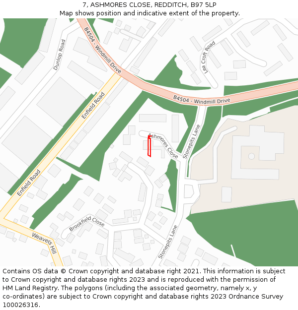 7, ASHMORES CLOSE, REDDITCH, B97 5LP: Location map and indicative extent of plot