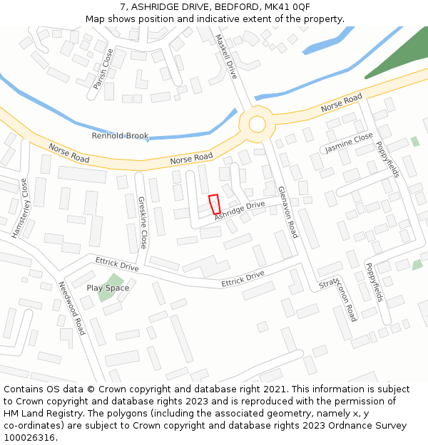 7, ASHRIDGE DRIVE, BEDFORD, MK41 0QF: Location map and indicative extent of plot