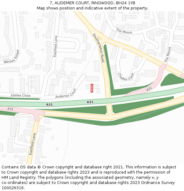 7, AUDEMER COURT, RINGWOOD, BH24 1YB: Location map and indicative extent of plot