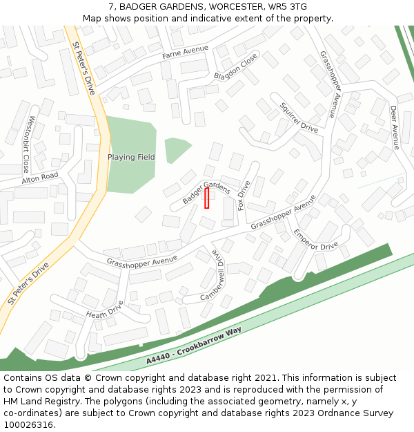 7, BADGER GARDENS, WORCESTER, WR5 3TG: Location map and indicative extent of plot