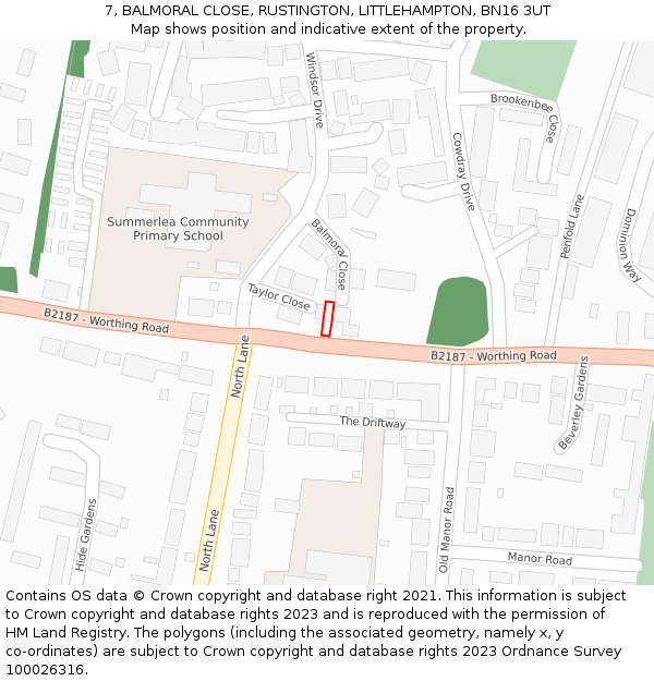 7, BALMORAL CLOSE, RUSTINGTON, LITTLEHAMPTON, BN16 3UT: Location map and indicative extent of plot