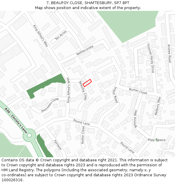 7, BEAUFOY CLOSE, SHAFTESBURY, SP7 8PT: Location map and indicative extent of plot