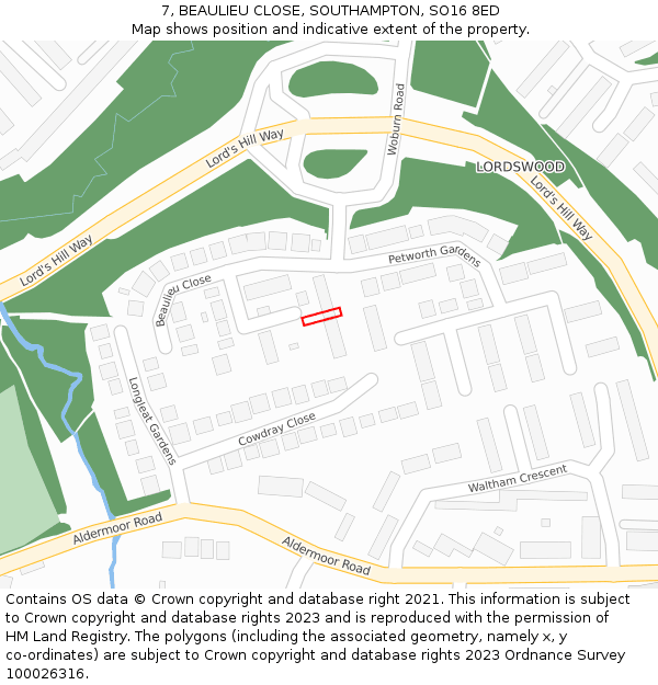 7, BEAULIEU CLOSE, SOUTHAMPTON, SO16 8ED: Location map and indicative extent of plot