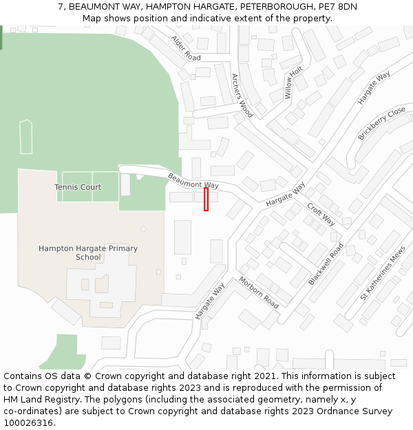 7, BEAUMONT WAY, HAMPTON HARGATE, PETERBOROUGH, PE7 8DN: Location map and indicative extent of plot