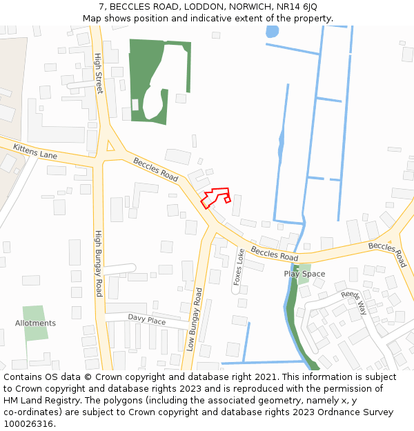 7, BECCLES ROAD, LODDON, NORWICH, NR14 6JQ: Location map and indicative extent of plot