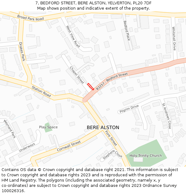 7, BEDFORD STREET, BERE ALSTON, YELVERTON, PL20 7DF: Location map and indicative extent of plot