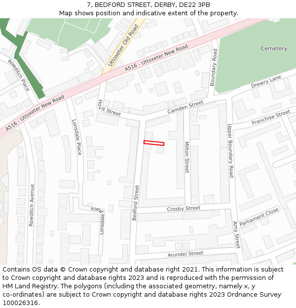 7, BEDFORD STREET, DERBY, DE22 3PB: Location map and indicative extent of plot