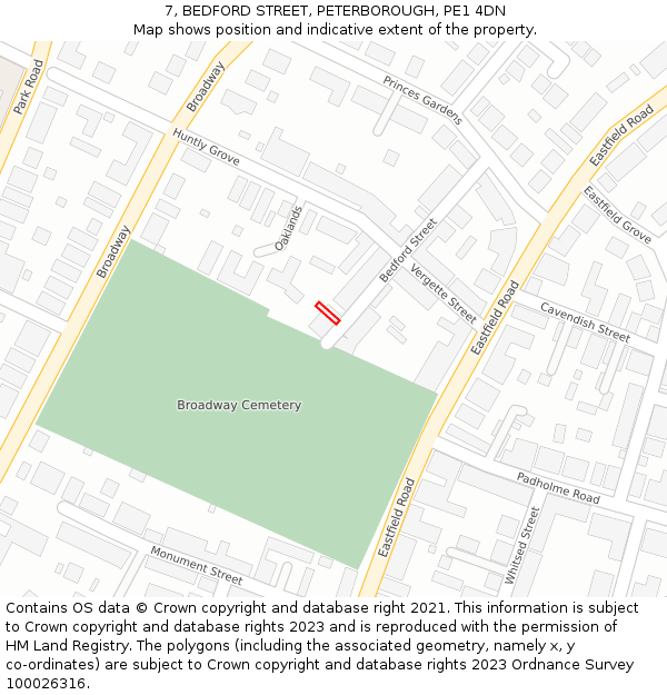7, BEDFORD STREET, PETERBOROUGH, PE1 4DN: Location map and indicative extent of plot