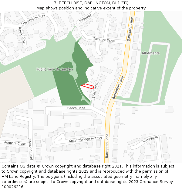 7, BEECH RISE, DARLINGTON, DL1 3TQ: Location map and indicative extent of plot