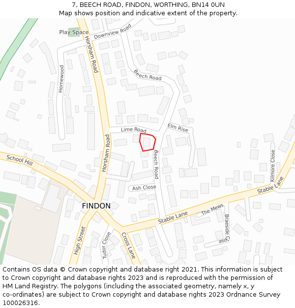 7, BEECH ROAD, FINDON, WORTHING, BN14 0UN: Location map and indicative extent of plot