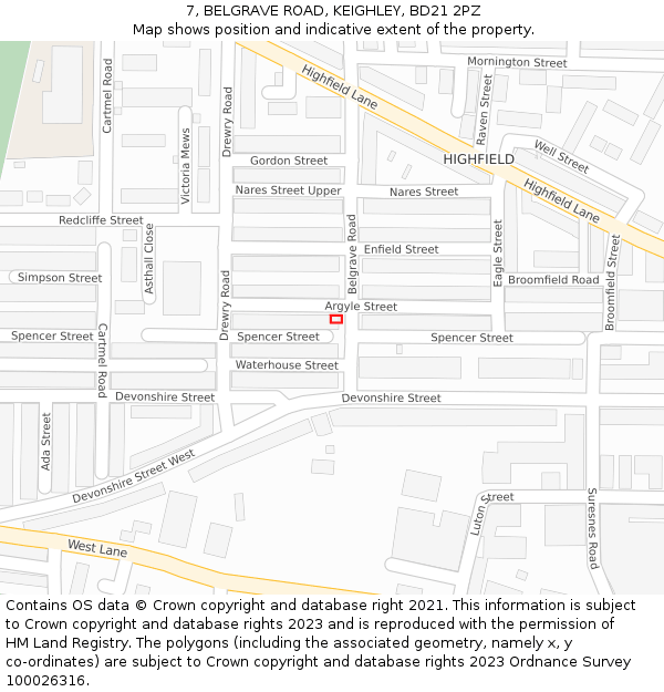 7, BELGRAVE ROAD, KEIGHLEY, BD21 2PZ: Location map and indicative extent of plot