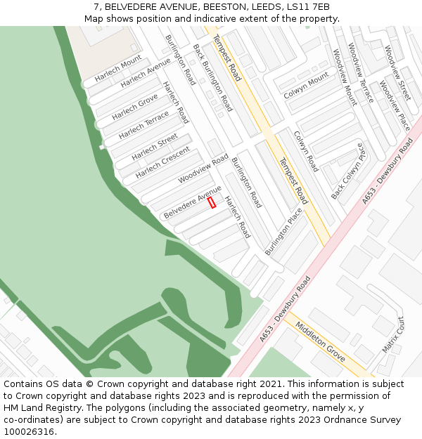 7, BELVEDERE AVENUE, BEESTON, LEEDS, LS11 7EB: Location map and indicative extent of plot