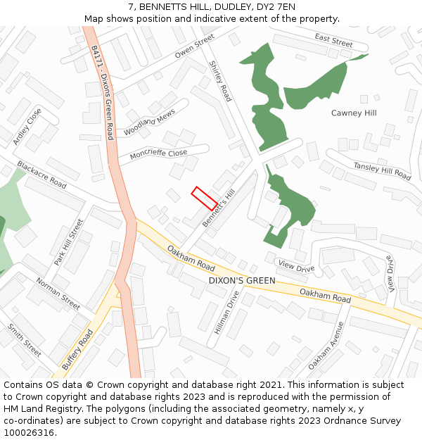 7, BENNETTS HILL, DUDLEY, DY2 7EN: Location map and indicative extent of plot