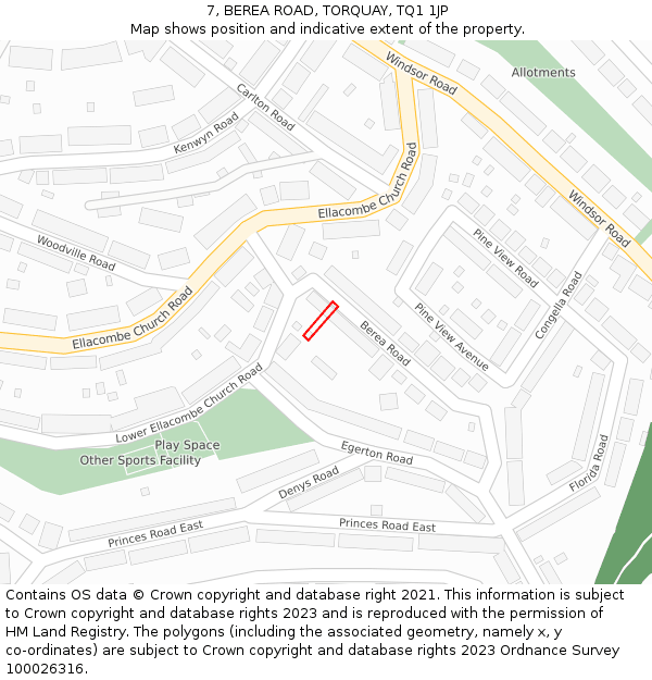 7, BEREA ROAD, TORQUAY, TQ1 1JP: Location map and indicative extent of plot
