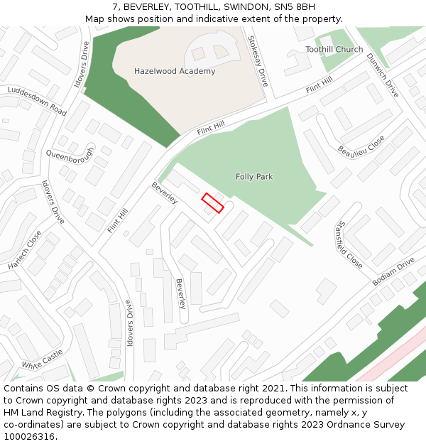 7, BEVERLEY, TOOTHILL, SWINDON, SN5 8BH: Location map and indicative extent of plot