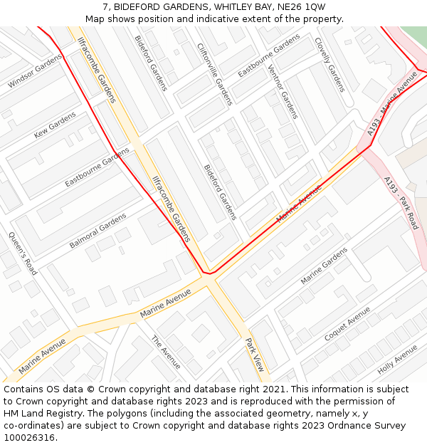 7, BIDEFORD GARDENS, WHITLEY BAY, NE26 1QW: Location map and indicative extent of plot