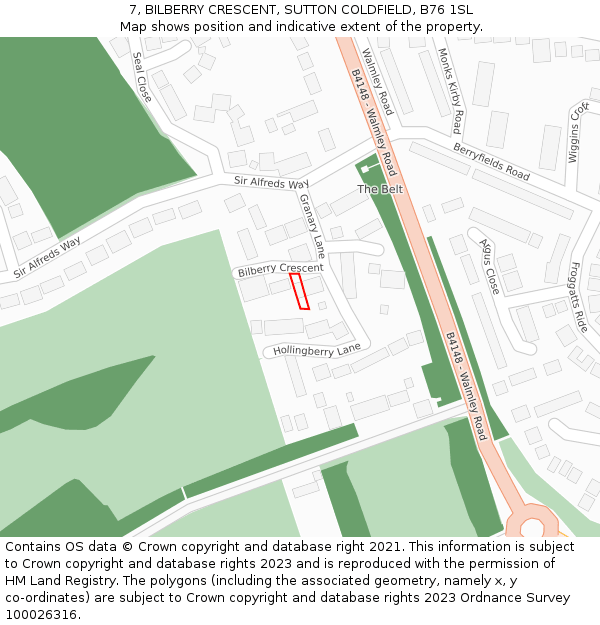 7, BILBERRY CRESCENT, SUTTON COLDFIELD, B76 1SL: Location map and indicative extent of plot