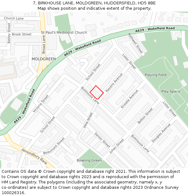 7, BIRKHOUSE LANE, MOLDGREEN, HUDDERSFIELD, HD5 8BE: Location map and indicative extent of plot
