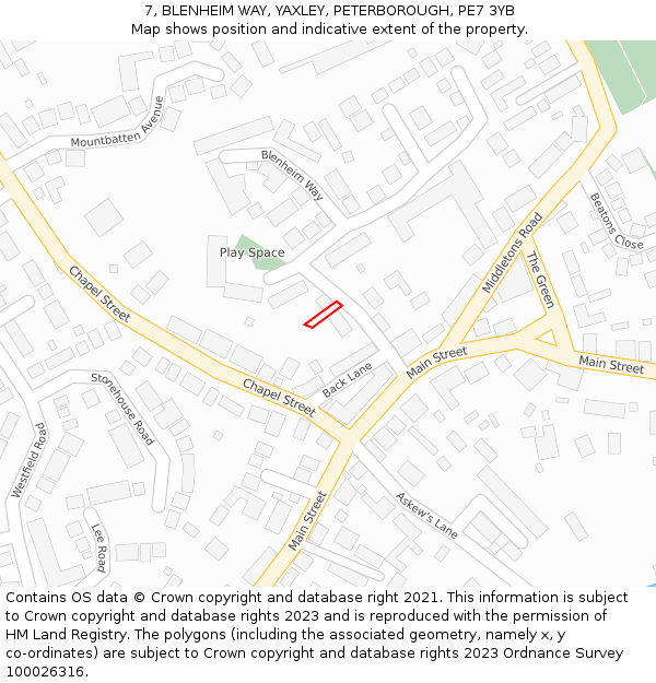 7, BLENHEIM WAY, YAXLEY, PETERBOROUGH, PE7 3YB: Location map and indicative extent of plot