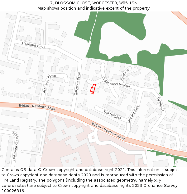 7, BLOSSOM CLOSE, WORCESTER, WR5 1SN: Location map and indicative extent of plot