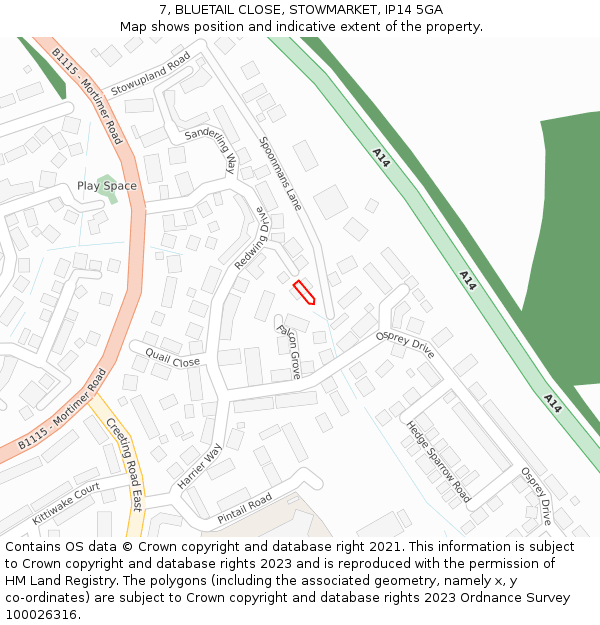 7, BLUETAIL CLOSE, STOWMARKET, IP14 5GA: Location map and indicative extent of plot