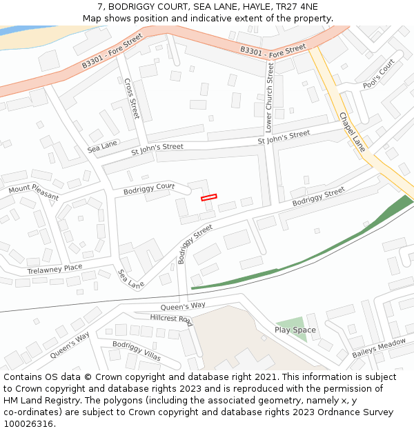 7, BODRIGGY COURT, SEA LANE, HAYLE, TR27 4NE: Location map and indicative extent of plot