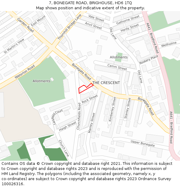 7, BONEGATE ROAD, BRIGHOUSE, HD6 1TQ: Location map and indicative extent of plot