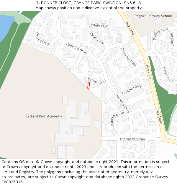 7, BONNER CLOSE, GRANGE PARK, SWINDON, SN5 6HA: Location map and indicative extent of plot