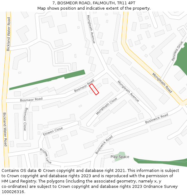 7, BOSMEOR ROAD, FALMOUTH, TR11 4PT: Location map and indicative extent of plot