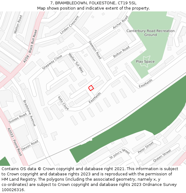 7, BRAMBLEDOWN, FOLKESTONE, CT19 5SL: Location map and indicative extent of plot