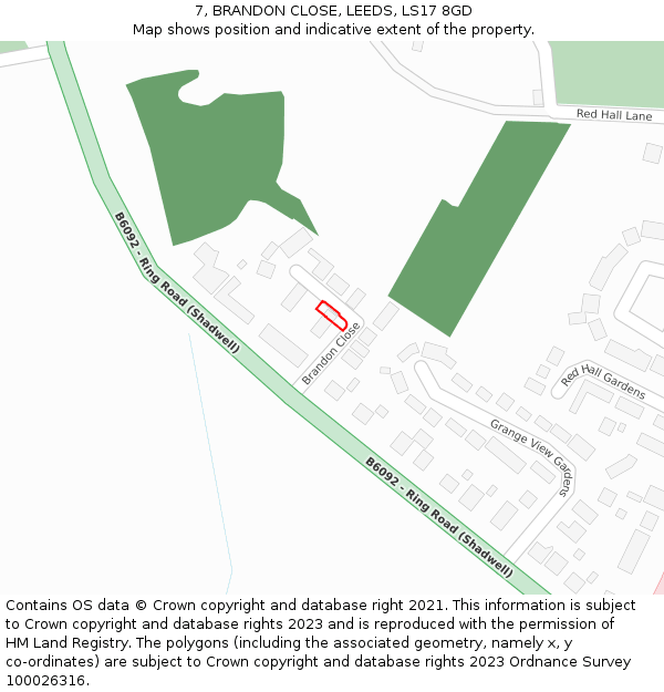 7, BRANDON CLOSE, LEEDS, LS17 8GD: Location map and indicative extent of plot